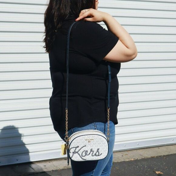 NWT Michael Kors Jet Set Charm Rope Seaside Camera Crossbody Bag White Navy - Picture 3 of 12